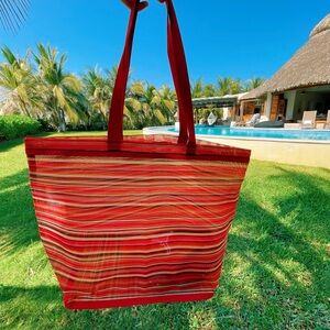Foldable Striped Reusable Shopping Bag Red Multicolor Synthetic Fabric